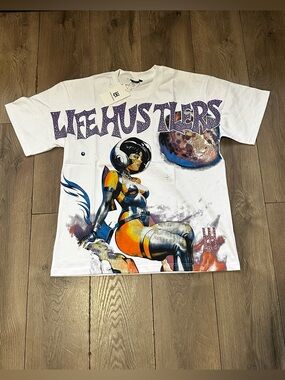 Life Hustlers White Graphic Tee with Space Pinup Art